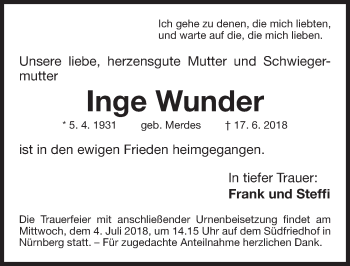 Traueranzeige von Inge Wunder von Gesamtausgabe Nürnberger Nachrichten/ Nürnberger Ztg.