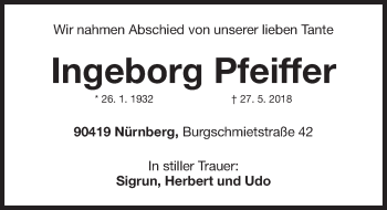 Traueranzeige von Ingeborg Pfeiffer von Gesamtausgabe Nürnberger Nachrichten/ Nürnberger Ztg.
