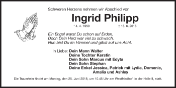 Traueranzeige von Ingrid Philipp von Gesamtausgabe Nürnberger Nachrichten/ Nürnberger Ztg.