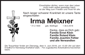 Traueranzeige von Irma Meixner von Gesamtausgabe Nürnberger Nachrichten/ Nürnberger Ztg.