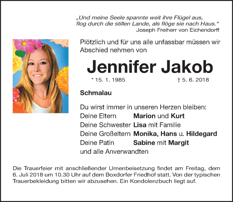  Traueranzeige für Jennifer Jakob vom 30.06.2018 aus Gesamtausgabe Nürnberger Nachrichten/ Nürnberger Ztg.