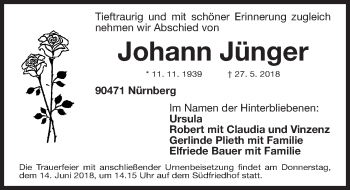 Traueranzeige von Johann Jünger von Gesamtausgabe Nürnberger Nachrichten/ Nürnberger Ztg.