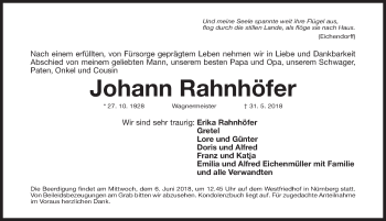 Traueranzeige von Johann Rahnhöfer von Gesamtausgabe Nürnberger Nachrichten/ Nürnberger Ztg.