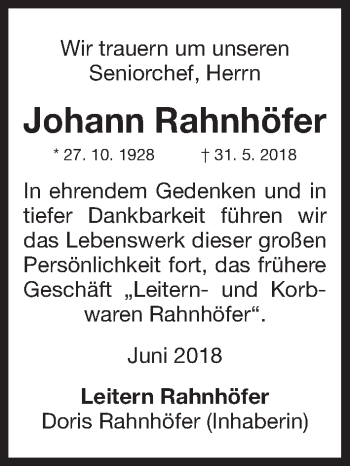 Traueranzeige von Johann Rahnhöfer von Gesamtausgabe Nürnberger Nachrichten/ Nürnberger Ztg.