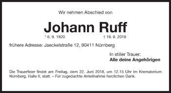 Traueranzeige von Johann Ruff von Gesamtausgabe Nürnberger Nachrichten/ Nürnberger Ztg.