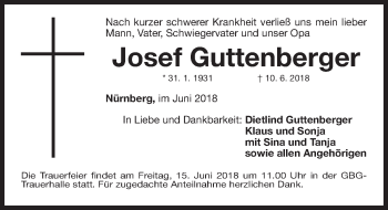 Traueranzeige von Josef Guttenberger von Gesamtausgabe Nürnberger Nachrichten/ Nürnberger Ztg.