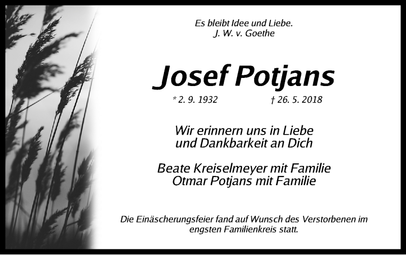  Traueranzeige für Josef Potjans vom 04.06.2018 aus Gesamtausgabe Nürnberger Nachrichten/ Nürnberger Ztg./ Fürther Nachrichten