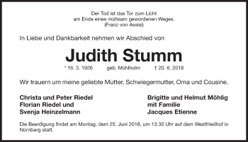 Traueranzeige von Judith Stumm von Gesamtausgabe Nürnberger Nachrichten/ Nürnberger Ztg.