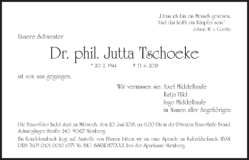 Traueranzeige von Jutta Tschoeke von Gesamtausgabe Nürnberger Nachrichten/ Nürnberger Ztg.