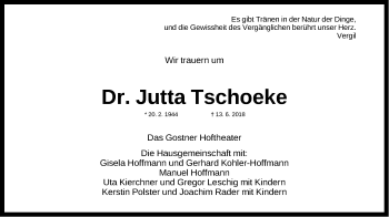 Traueranzeige von Jutta Tschoeke von Gesamtausgabe Nürnberger Nachrichten/ Nürnberger Ztg.