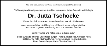Traueranzeige von Jutta Tschoeke von Gesamtausgabe Nürnberger Nachrichten/ Nürnberger Ztg.