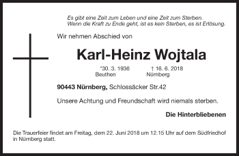 Traueranzeige von Karl-Heinz Wojtala von Gesamtausgabe Nürnberger Nachrichten/ Nürnberger Ztg.