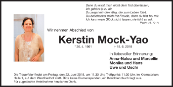 Traueranzeige von Kerstin Mock-Yao von Gesamtausgabe Nürnberger Nachrichten/ Nürnberger Ztg.
