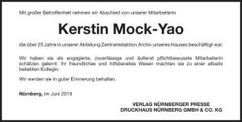 Traueranzeige von Kerstin Mock-Yao von Gesamtausgabe Nürnberger Nachrichten/ Nürnberger Ztg.