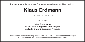 Traueranzeige von Klaus Erdmann von Gesamtausgabe Nürnberger Nachrichten/ Nürnberger Ztg.