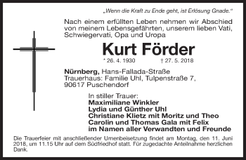 Traueranzeige von Kurt Förder von Gesamtausgabe Nürnberger Nachrichten/ Nürnberger Ztg.