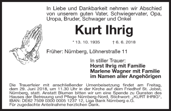 Traueranzeige von Kurt Ihrig von Gesamtausgabe Nürnberger Nachrichten/ Nürnberger Ztg.