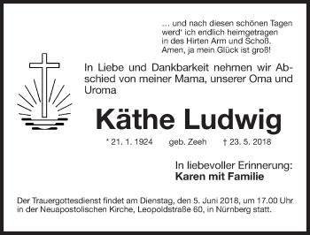 Traueranzeige von Käthe Ludwig von Gesamtausgabe Nürnberger Nachrichten/ Nürnberger Ztg.