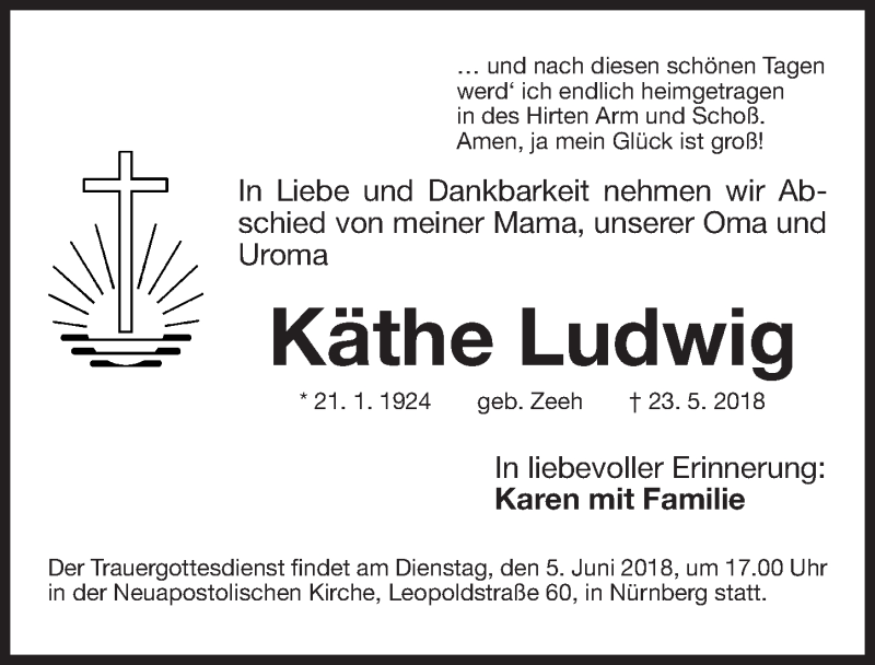  Traueranzeige für Käthe Ludwig vom 02.06.2018 aus Gesamtausgabe Nürnberger Nachrichten/ Nürnberger Ztg.