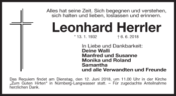 Traueranzeige von Leonhard Herrler von Gesamtausgabe Nürnberger Nachrichten/ Nürnberger Ztg.
