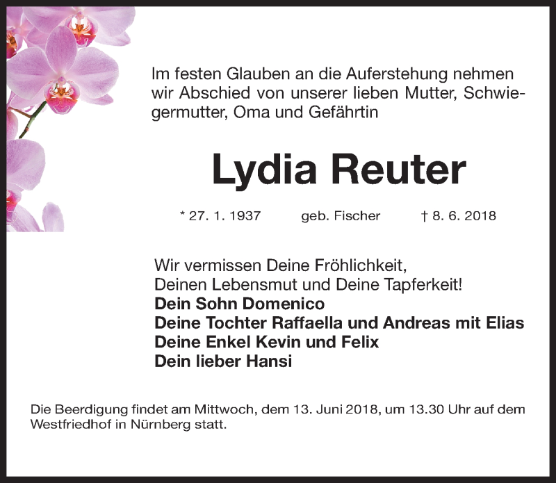  Traueranzeige für Lydia Reuter vom 09.06.2018 aus Gesamtausgabe Nürnberger Nachrichten/ Nürnberger Ztg.