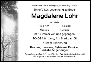 Traueranzeige von Magdalene Lohr von Gesamtausgabe Nürnberger Nachrichten/ Nürnberger Ztg.