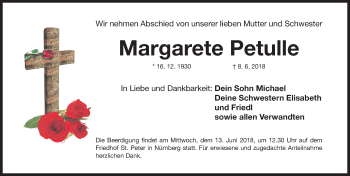Traueranzeige von Margarete Petulle von Gesamtausgabe Nürnberger Nachrichten/ Nürnberger Ztg.