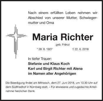 Traueranzeige von Maria Richter von Gesamtausgabe Nürnberger Nachrichten/ Nürnberger Ztg.