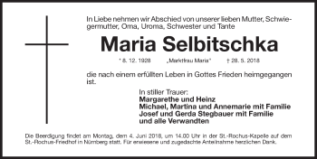 Traueranzeige von Maria Selbitschka von Gesamtausgabe Nürnberger Nachrichten/ Nürnberger Ztg.