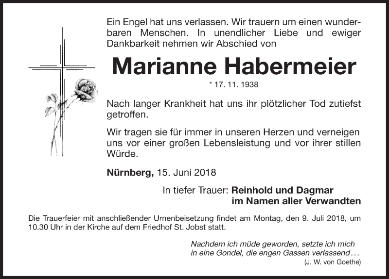  Traueranzeige für Marianne Habermeier vom 23.06.2018 aus Gesamtausgabe Nürnberger Nachrichten/ Nürnberger Ztg.