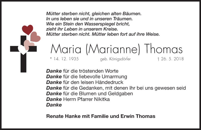  Traueranzeige für Marianne Thomas vom 09.06.2018 aus Roth-Hilpoltsteiner Volkszeitung Lokal