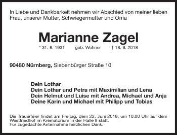 Traueranzeige von Marianne Zagel von Gesamtausgabe Nürnberger Nachrichten/ Nürnberger Ztg.