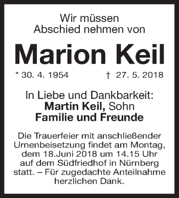Traueranzeige von Marion Keil von Gesamtausgabe Nürnberger Nachrichten/ Nürnberger Ztg.