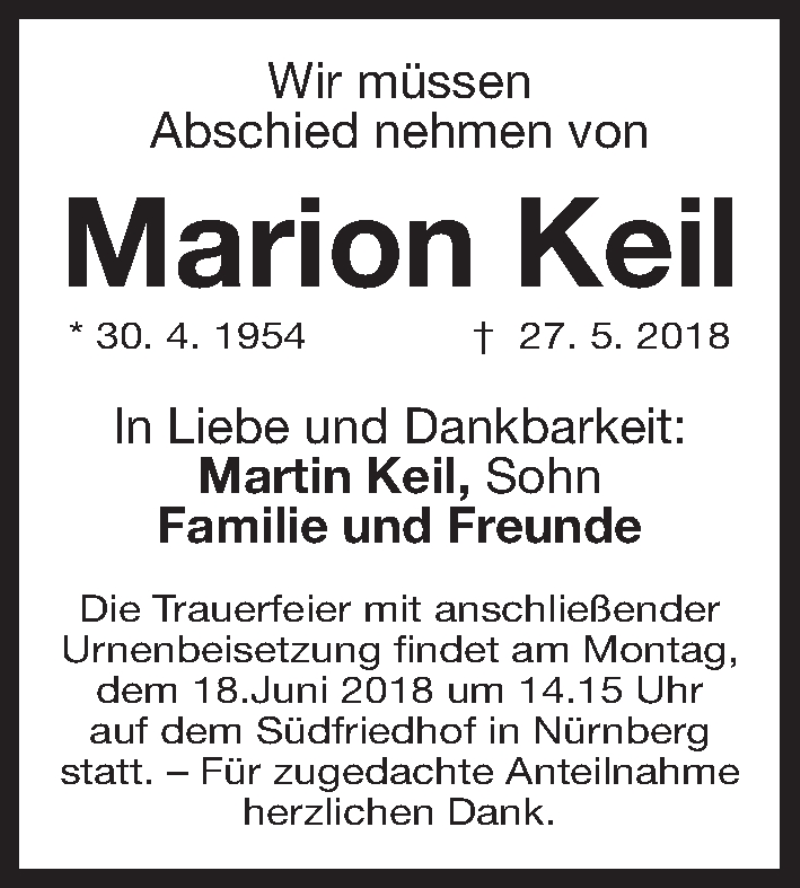  Traueranzeige für Marion Keil vom 15.06.2018 aus Gesamtausgabe Nürnberger Nachrichten/ Nürnberger Ztg.