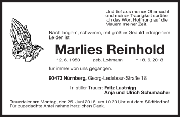 Traueranzeige von Marlies Reinhold von Gesamtausgabe Nürnberger Nachrichten/ Nürnberger Ztg.