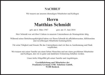 Traueranzeige von Matthias Schmidt von Roth-Hilpoltsteiner Volkszeitung Lokal