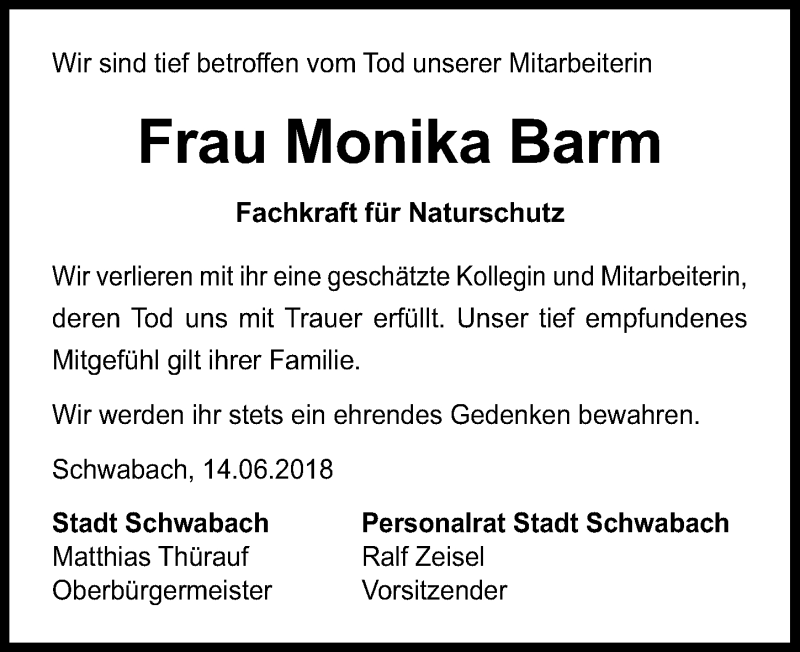  Traueranzeige für Monika Barm vom 15.06.2018 aus Schwabach