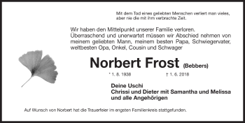 Traueranzeige von Norbert Frost von Gesamtausgabe Nürnberger Nachrichten/ Nürnberger Ztg.
