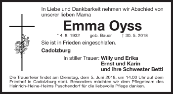 Traueranzeige von Oyss Emma von Fürther Nachrichten Lokal