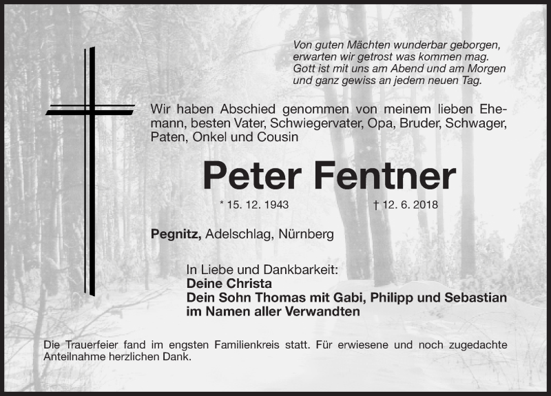  Traueranzeige für Peter Fentner vom 26.06.2018 aus Nordbayerische Nachrichten Pegnitz Lokal