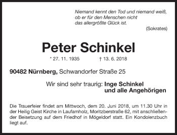Traueranzeige von Peter Schinkel von Gesamtausgabe Nürnberger Nachrichten/ Nürnberger Ztg.