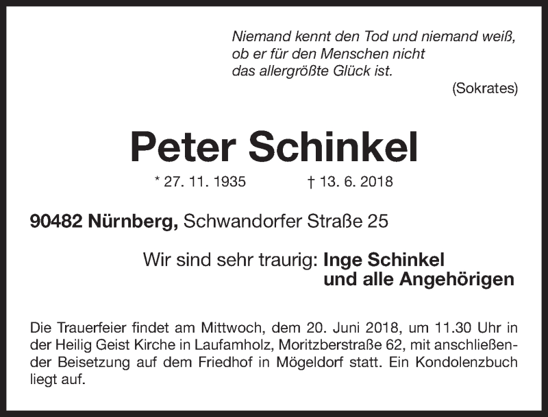  Traueranzeige für Peter Schinkel vom 16.06.2018 aus Gesamtausgabe Nürnberger Nachrichten/ Nürnberger Ztg.