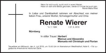 Traueranzeige von Renate Wierer von Gesamtausgabe Nürnberger Nachrichten/ Nürnberger Ztg.