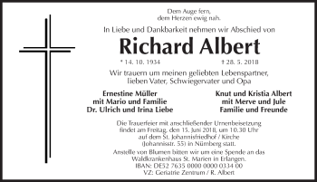 Traueranzeige von Richard Albert von Gesamtausgabe Nürnberger Nachrichten/ Nürnberger Ztg.