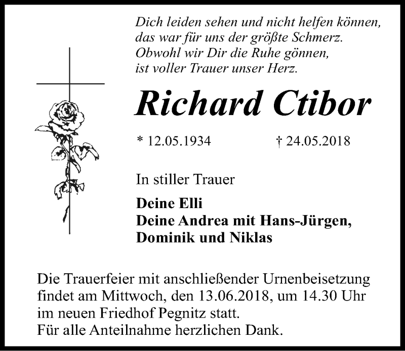  Traueranzeige für Richard Ctibor vom 09.06.2018 aus Nordbayerische Nachrichten Pegnitz Lokal