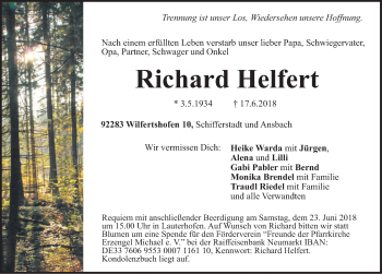 Traueranzeige von Richard Helfert von Gesamtausgabe Nürnberger Nachrichten/ Nürnberger Ztg.