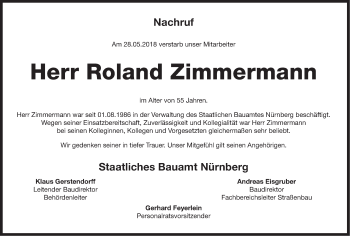 Traueranzeige von Roland Zimmermann von Gesamtausgabe Nürnberger Nachrichten/ Nürnberger Ztg.