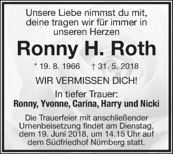 Traueranzeige von Ronny H. Roth von Gesamtausgabe Nürnberger Nachrichten/ Nürnberger Ztg.