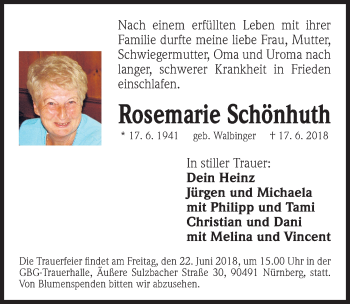 Traueranzeige von Rosemarie Schönhuth von Gesamtausgabe Nürnberger Nachrichten/ Nürnberger Ztg.