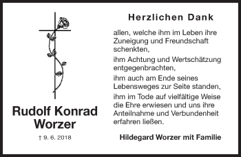 Traueranzeige von Rudolf Konrad Worzer von Gesamtausgabe Nürnberger Nachrichten/ Nürnberger Ztg.